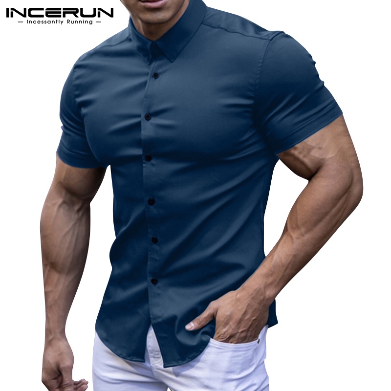 Áo sơ mi INCERUN tay ngắn màu trơn tùy chọn thiết kế đơn giản thời trang cho nam