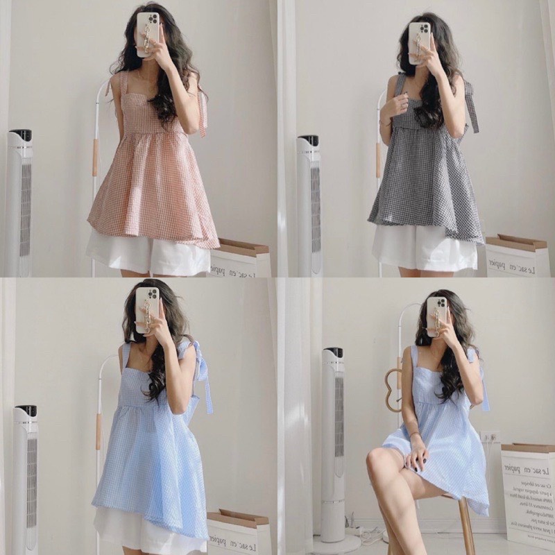 Set Áo Babydoll 2 Dây Kẻ Xanh Xốp Kèm Quần Sooc Trắng
