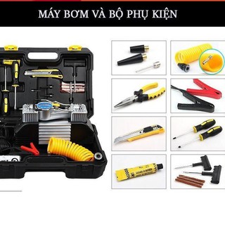 Bộ bơm lốp ô tô 2 xi lanh siêu khỏe kèm dụng cụ sủa chữa