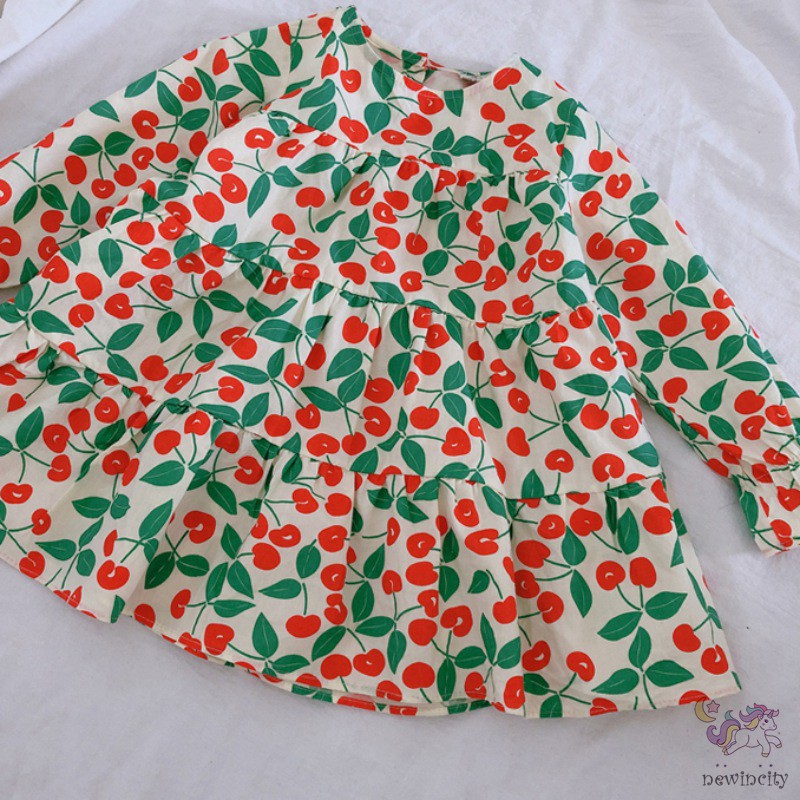 Đầm cotton dài tay in họa tiết quả anh đào đáng yêu dành cho bé gái