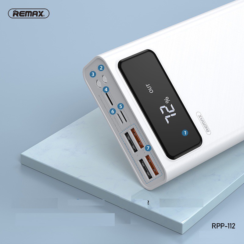 Pin sạc dự phòng Remax RPP-112 30000mAh, lõi Li-polymer, 3 cổng input, 4 cổng output (Trắng)