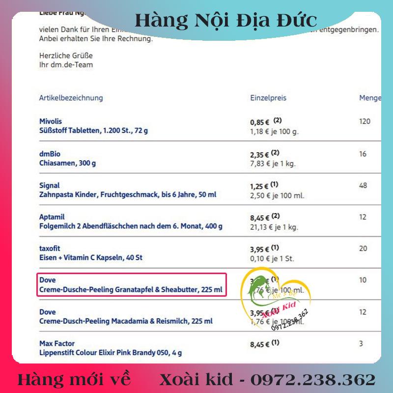 Tẩy tế bào chết, tẩy da chết body và dưỡng thể DOVE và dưỡng thể nội địa Đức, Đủ Bill và Review