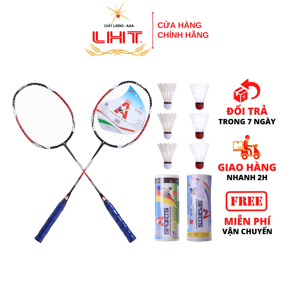 Combo đôi Vợt CL HT Đỏ + 3 quả cầu lông + 3 quả cầu nhựa + TẶNG TÚI ĐỰNG VỢT - 100% Thép Mạ Crom, Sơn đỏ đô, Lưới 9kg