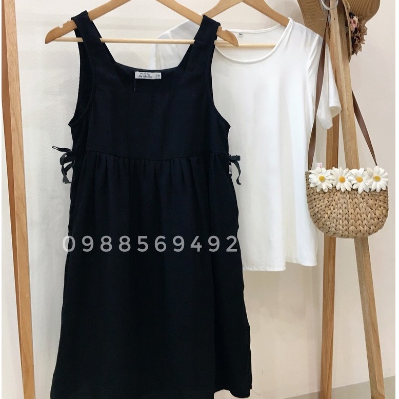 Yếm bầu công sở màu đen giả yếm nhún bụng, cổ vuông, nơ sườn MYC1340, có size 40-100kg (Yếm rời không kèm áo)