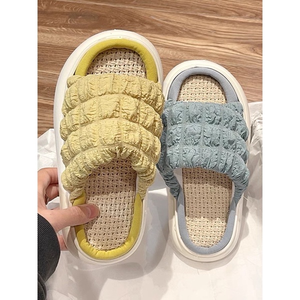 Dép đi trong nhà đế bánh mỳ 4cm quai ngang bèo nhúm dễ thương xinh xắn thời trang dành cho nữ 3 màu vàng, xanh, trắng
