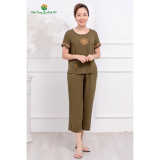 Bộ đồ lanh mặc nhà nữ quần dài, áo cộc tay B26.2102 trung niên - Thời Trang Gia Đình VT