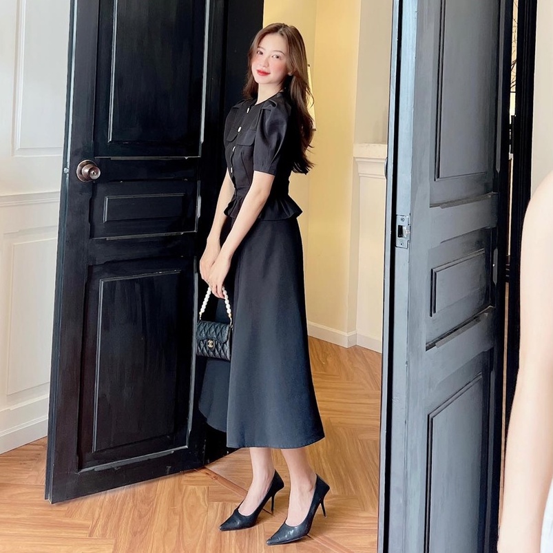 [Ảnh thật] Set áo tay phồng lai bèo đính nút to chân váy dài phong cách tiểu thư sang chảnh