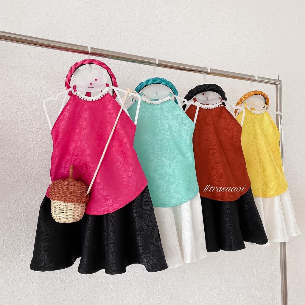 Set yếm váy cho bé gái đi trẫy hội nhiều màu kèm mấn,chất lụa thoáng mát, đồ tết cho bé gái - TRASUAOI D025