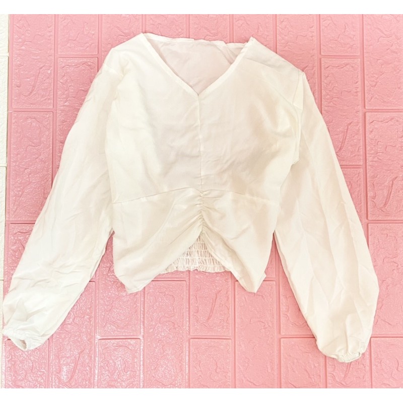 Áo kiểu cổ V dài tay có nhún bo eo