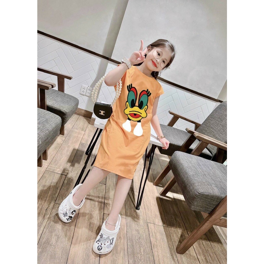 Đầm suông xẻ tà hình vịt SUN KID'S, Váy bé gái cute chất cotton size nhí cho bé từ 7 đến 18 kg