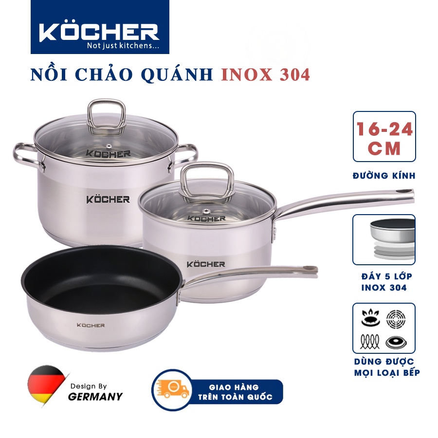 Combo bộ nồi chảo dùng cho bếp từ KOCHER Chảo inox 24cm & Nồi inox 304 20cm & quánh nấu bột 16cm