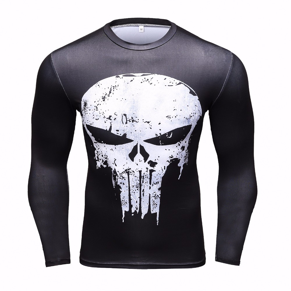 Áo thun HUQISHA tay dài ôm dáng in hình Punisher Skull 3D thời trang mùa hè