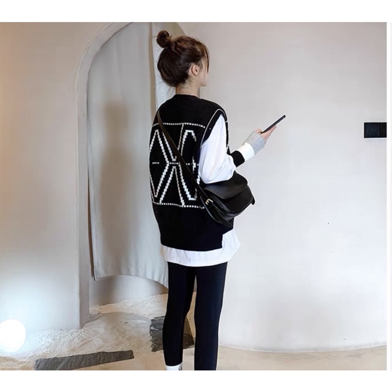 Áo gile len sweater cổ V dáng rộng oversize, hoạ tiết trám đóng cúc hàng dệt kim, gile len hàng mới 2021 - shopebelinh