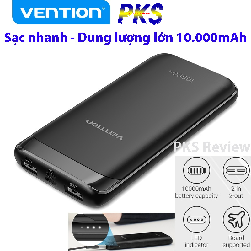 Sạc dự phòng Vention 10000mah với 2 cổng sạc USB Type-C và Micro USB đa năng - Sạc nhanh, nhỏ gọn, dung lượng cao