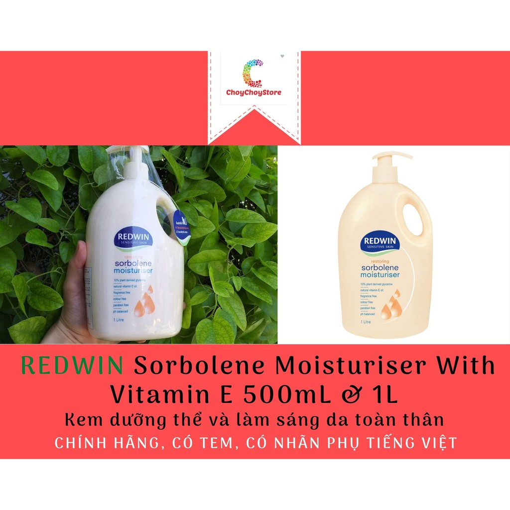 [TEM CTY] REDWIN Sorbolene Moisturiser With Vitamin E 500mL &amp; 1L - Kem dưỡng thể và làm sáng da toàn thân