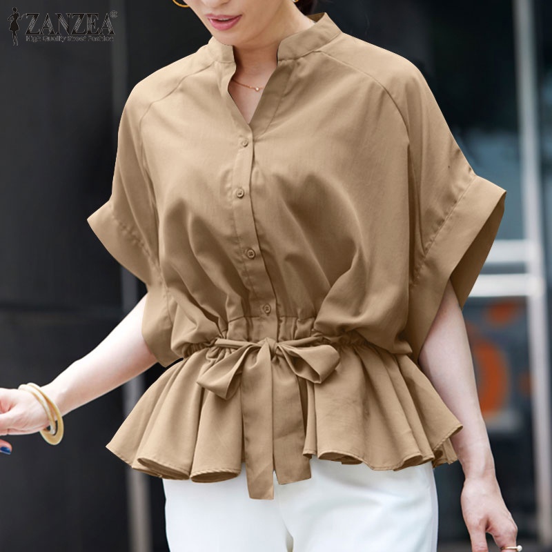 Áo ZANZEA tay ngắn cổ chữ v màu trơn thời trang cho nữ