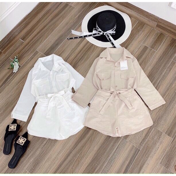 ( MIỄN PHÍ SHIP 2022) Set áo sơ mi dài form rộng tay dài phối quần đùi, quần short nữ, set tiểu thư đơn giản