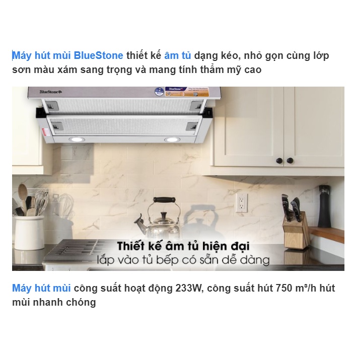 [Mã ELHAMS5 giảm 6% đơn 300K] Máy hút mùi âm tủ BlueStone HOB-8725 Công suất hút 750 m³/h - Bảo hành 2 năm