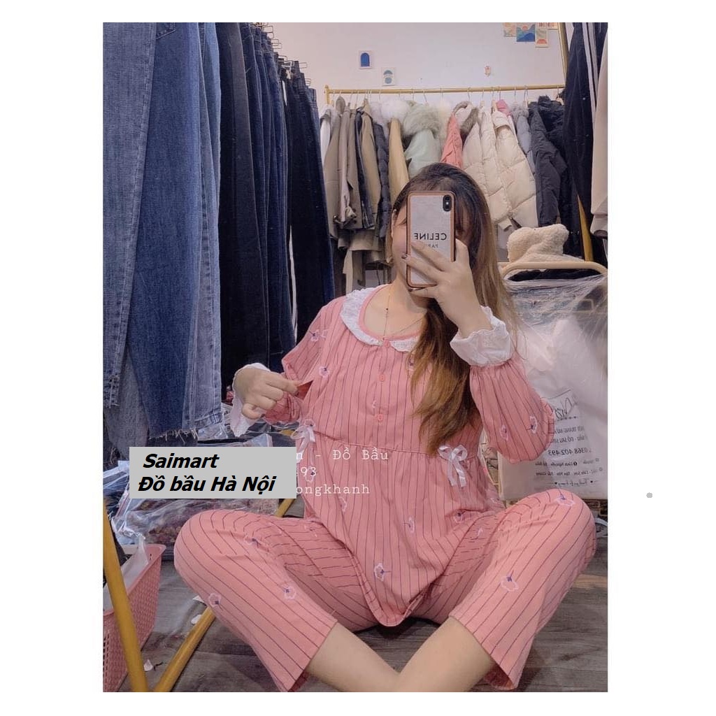 Bộ bầu và sau sinh dài tay, cổ ren bèo chất cotton đẹp mềm, kiểu dáng kẻ sọc cực xinh và trẻ trung