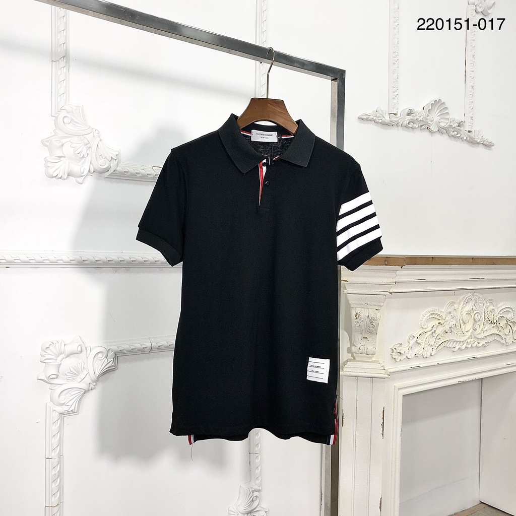 Polo nam THOM vạch tay, cao cấp chất mát, áo phông nam có cổ basic thấm hút hồ hôi unisex 2 màu đen trắng