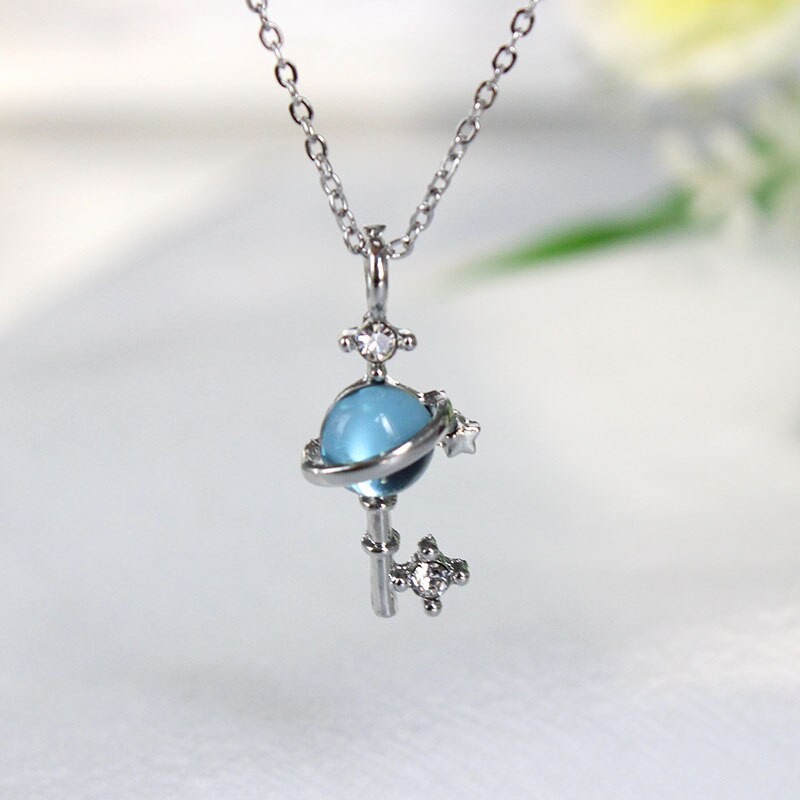 Dây chuyền hành tinh đá Aurora xanh ngọc ánh bạc + tặng kèm vỏ sò đựng dây - dùng làm quà tặng siêu xinh - PK024