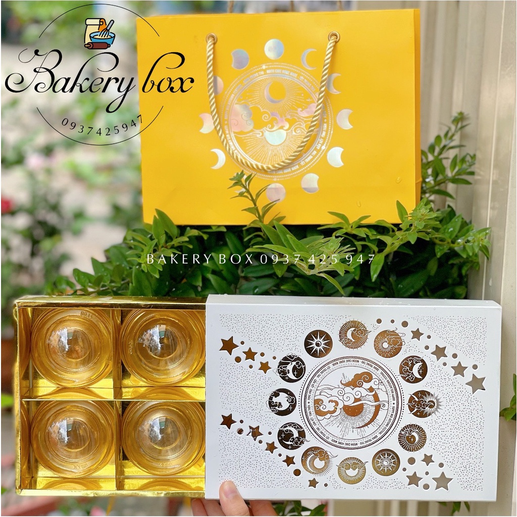 5 Set Hộp Túi Giấy Cao Cấp 6 Bánh Nhỏ Trung Thu Thỏ Vàng Ánh Kim 75gr - 100gr