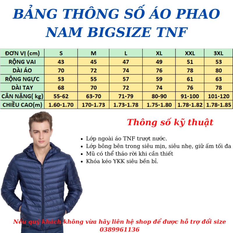 Áo Khoác Phao Nam Bigsize (58-120kg),Mũ Rời  TNF thời trang cao cấp-siêu nhẹ, siêu ấm, cản nước tốt ( Bảo hành 12 tháng)
