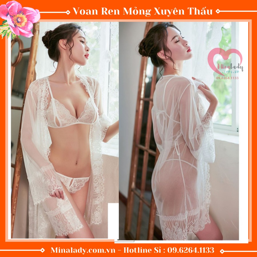 Đồ Ngủ Nữ Chất Ren Gồm Áo CHOÀNG DÀI TAY MỚI Họa Tiết Ren Hoa Sexy Tặng Kèm Bộ Chip Lọt Khe Gợi Cảm Xuyên Thấu