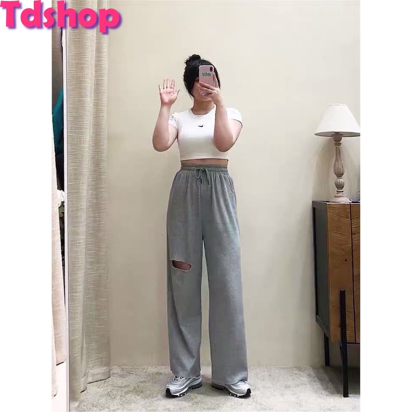 Quần Ống Rộng Da Cá Nữ Ống Suông Baggy Rách Gối Cao Cấp | Tdshopnt - Q03