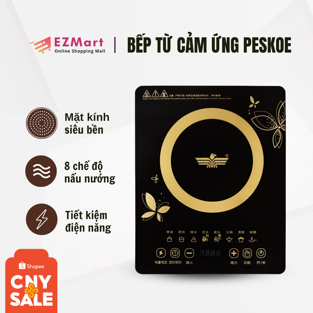 Bếp Từ Cảm Ứng Mặt Kính Chịu Lực PESKOE Công Suất 2200W, Tiết Kiệm Điện Năng, An Toàn Khi Sử Dụng, Làm Nóng Nhanh