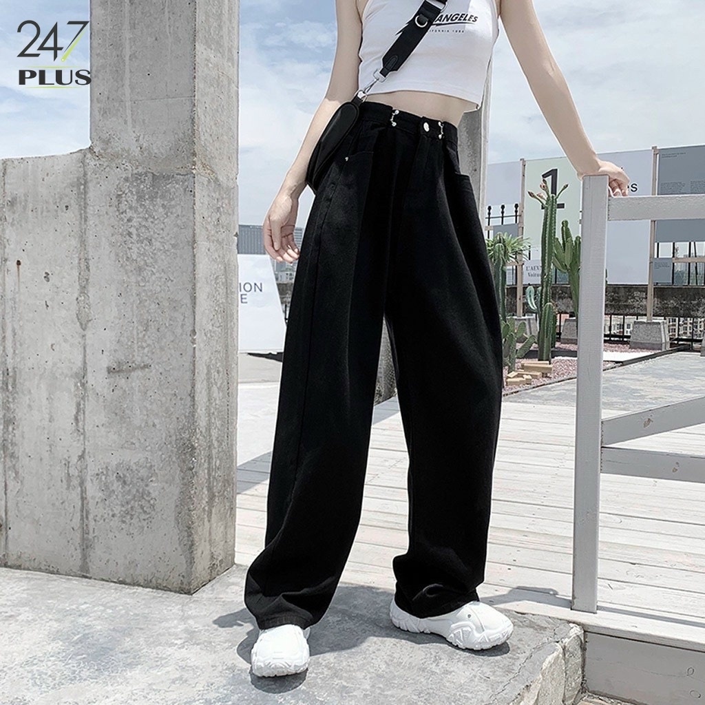 Quần Culottes Jean cạp cao năng động thụng móc cài dài 100cm