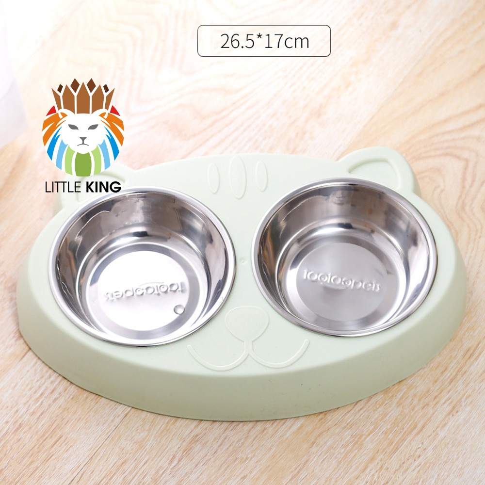 Bát ăn đôi inox hình mặt mèo cho chó mèo, thú cưng chất liệu nhựa PP và inox không gỉ Little King pet shop