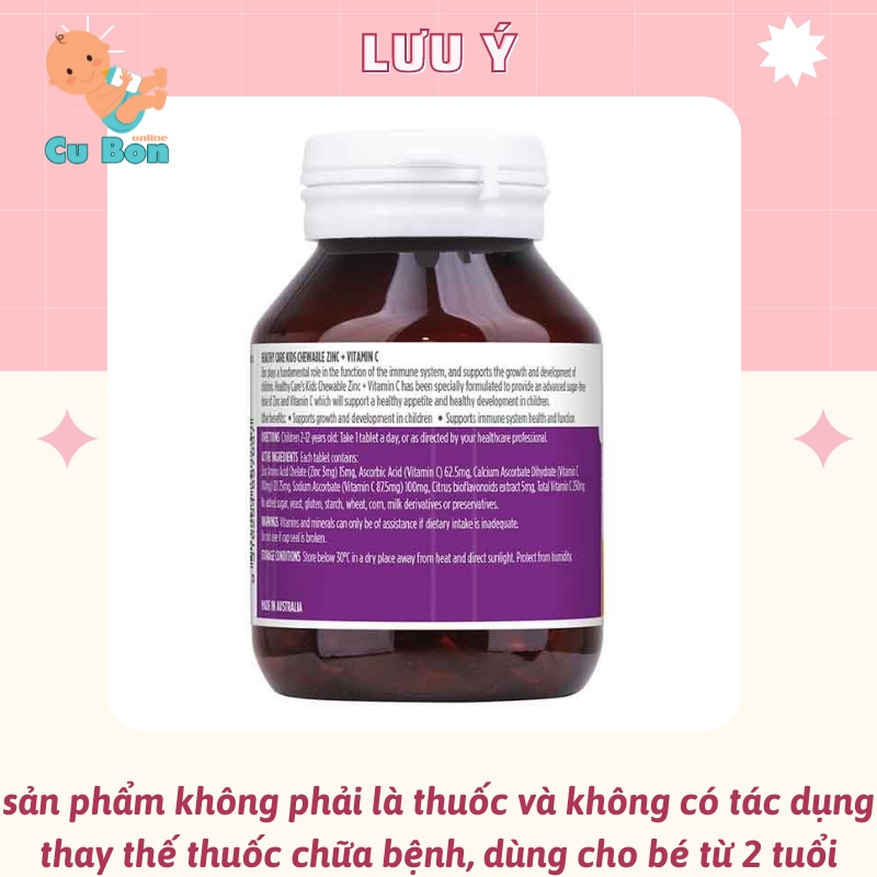 Viên nhai bố sung kẽm cho bé Healthy Care Zinc + Vitamin C của úc 60 viên cho trẻ từ 2 tuổi tăng đề kháng hiệu quả