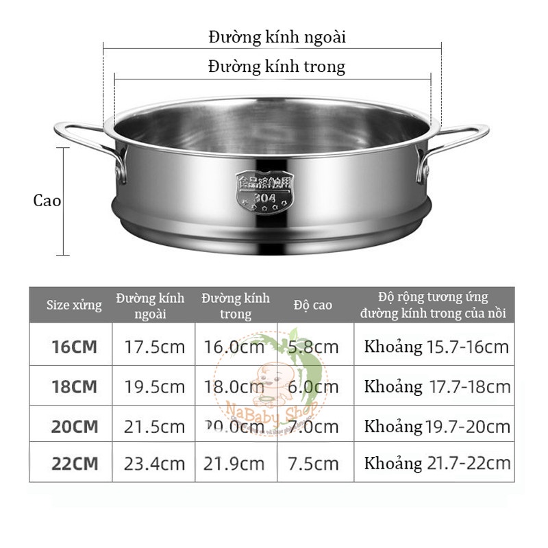 Xửng hấp đồ ăn cho bé inox 304 chuẩn xịn size 16, size 18, size 20, size 22 chuẩn