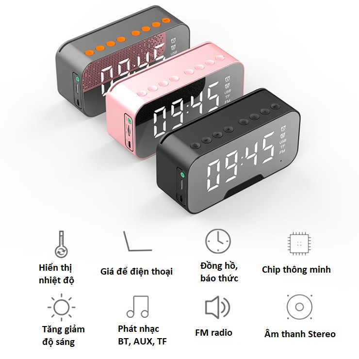 Loa Bluetooth kèm đồng hồ báo thức G10 - Báo nhiệt độ - Gắn thẻ nhớ -AUX - FM - Màn hình gương