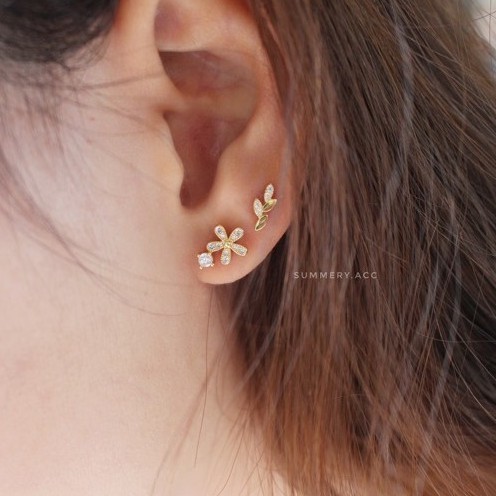 Khuyên tai bạc 925 SUMMERY hoa 5 cánh đính đá bông tai S925 mạ vàng