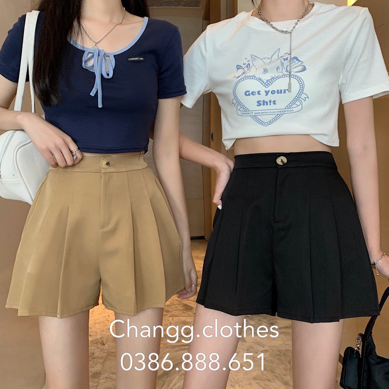 Quần Đùi Nữ Ống Rộng Xếp Ly Dáng Xòe Chun Lưng Chất Tuyết Mưa