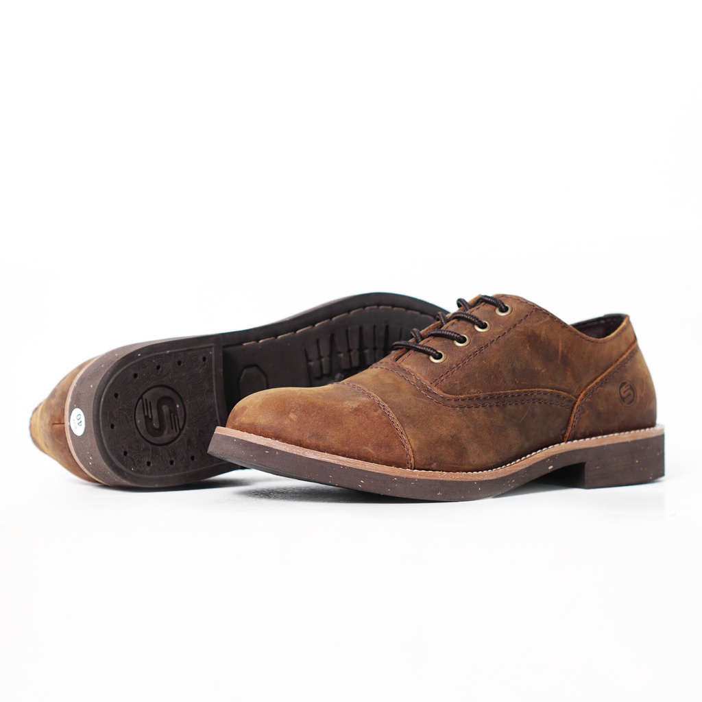 Giày da nam màu nâu OS OXFORD, giày da bò thật cổ thấp, giày đi phượt bụi bặm workwear TONKIN