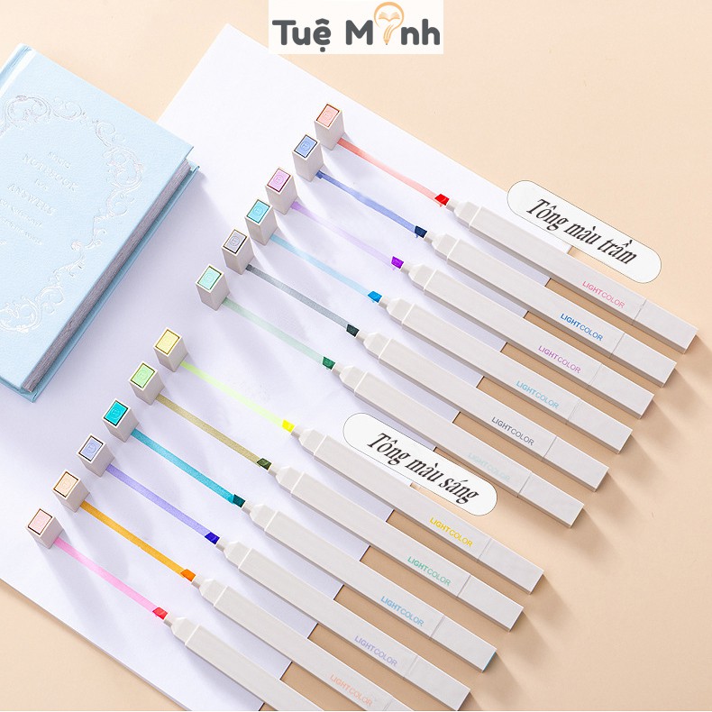 Bút highlight 2 đầu Light Color màu pastel, bút ghi chú HI06 tặng kèm sticker