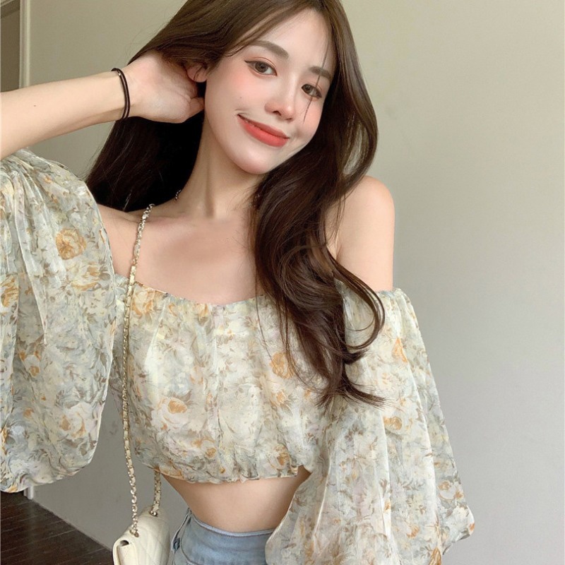 Áo Voan Trễ Vai Tay Phồng Họa Tiết Hoa Thời Trang Cho Nữ