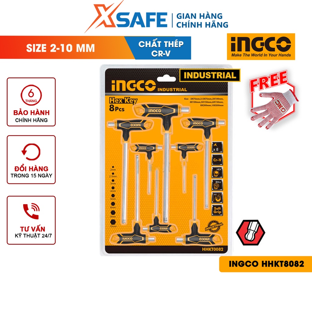 Bộ lục giác chữ T INGCO HHKT8082 Bộ 8 chìa lục giác tay cầm chữ T chất liệu CR-V, chịu nhiệt, mạ thép chrome
