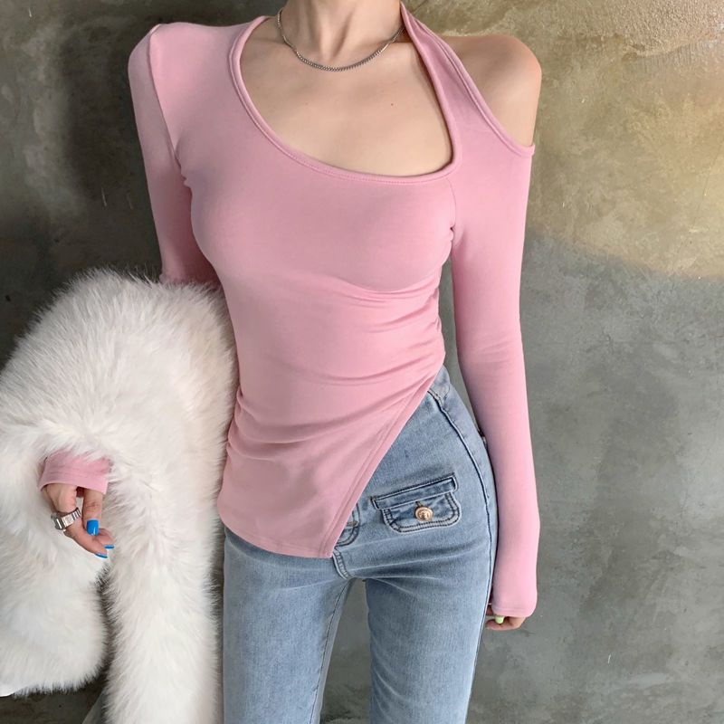 Áo thun COZOK tay dài trễ vai thiết kế lệch một bên quyến rũ hợp thời trang