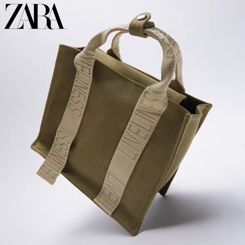 TÚI XÁCH ZARA MINI VẢI DÙ IN CHỮ MÀU XANH KAKI