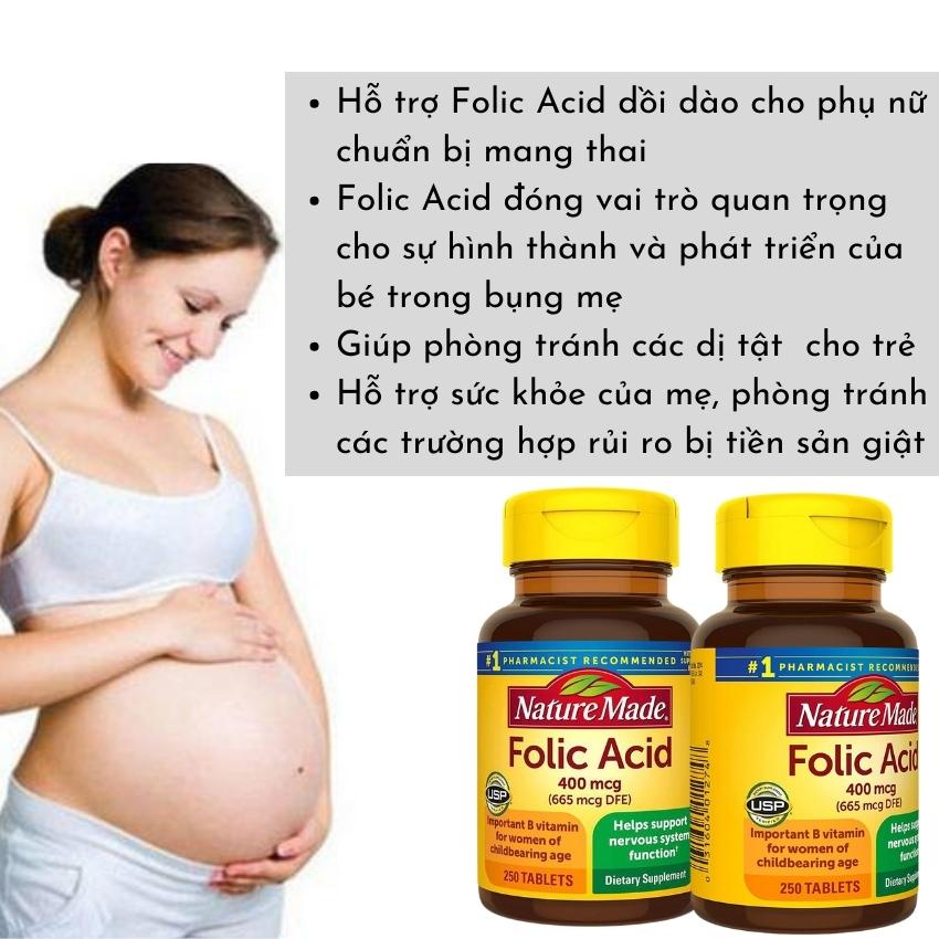 Viên uống bổ sung Folic Acid 400mcg Nature Made 250 viên USA, mẫu mới