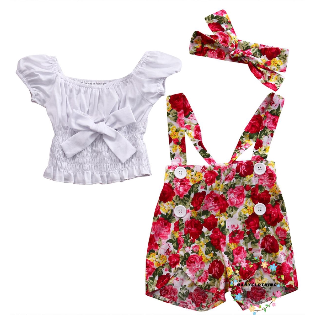 Bộ đồ gồm áo croptop/quần ngắn in hoa và băng đô xinh xắn dành cho bé gái