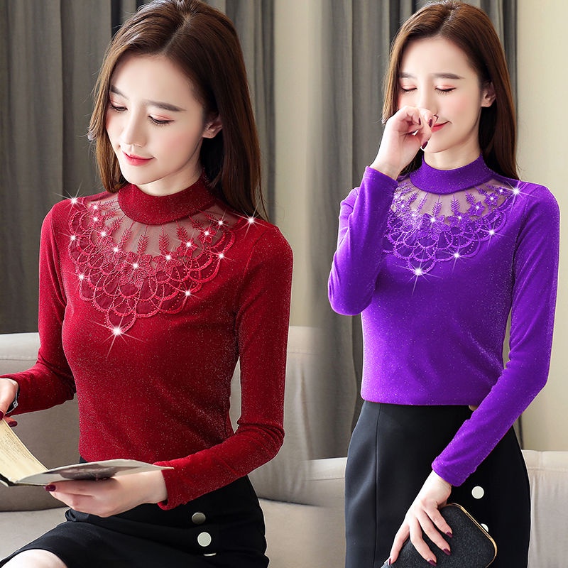 Áo thun tay dài cổ cao phối ren nhung dày dặn thời trang thu đông hàng mới dành cho bạn nữ 2021