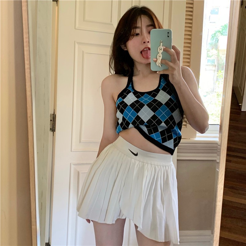 Cocory vn Áo Hai Dây Dệt Kim Hoạ Tiết Kẻ Caro Gợi Cảm Thời Trang Mùa Hè Cho Phụ Nữ