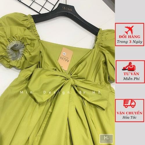 Váy thô nữ xanh babydoll tiểu thư tay phồng cổ vuông nơ lưng ulzzang Hàn Quốc yolo fashion