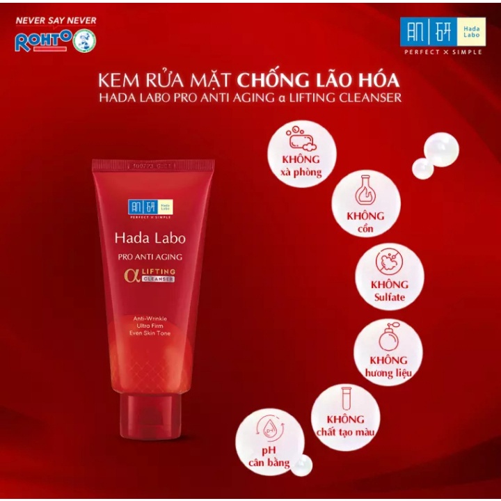 Sữa Rửa Mặt Hada Labo Màu Đỏ Chuyên Biệt Chống Lão Hóa, Dưỡng Trắng Da - HadaLabo Pro Anti Aging α Lifting Cleanser 80g