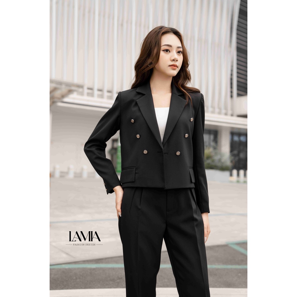 Set áo vest nữ tay dài dáng croptop màu đen phối quần Lamia Design  LUXE001